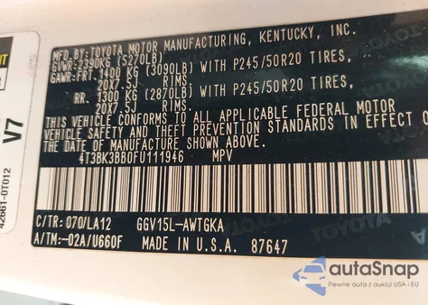 2015 Toyota Venza Xle V6 from USA, damaged, VIN 4T3BK3BB0FU111946